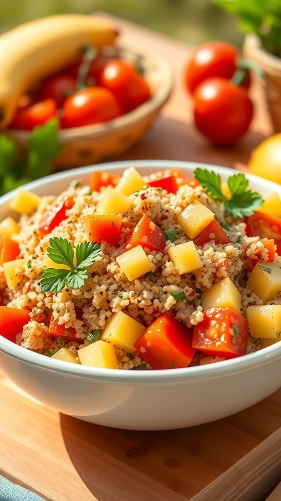 Kid-Friendly Quinoa Salad Recipe A colorful quinoa salad with diced vegetables and parsley in a bowl on a picnic table.